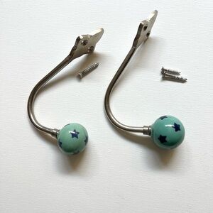Two Decorative Wall Hooks with Blue Star Design Ceramic and Metal